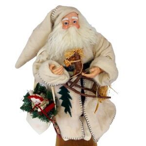 Large 22" Holiday WorkShop Santa Figurine With Felt Robe & Wood Rocking Horse